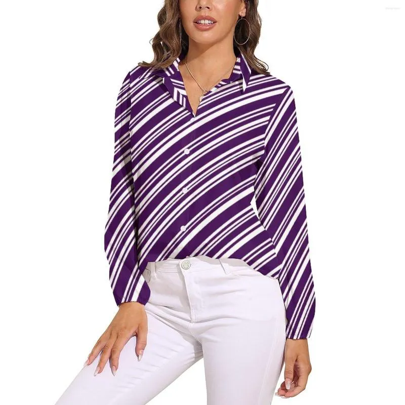 Blusas de mujer Blusa de línea púrpura y blanca Patrón de rayas de caramelo Camisa informal de mujer con gráfico moderno Ropa de gran tamaño de manga larga de verano