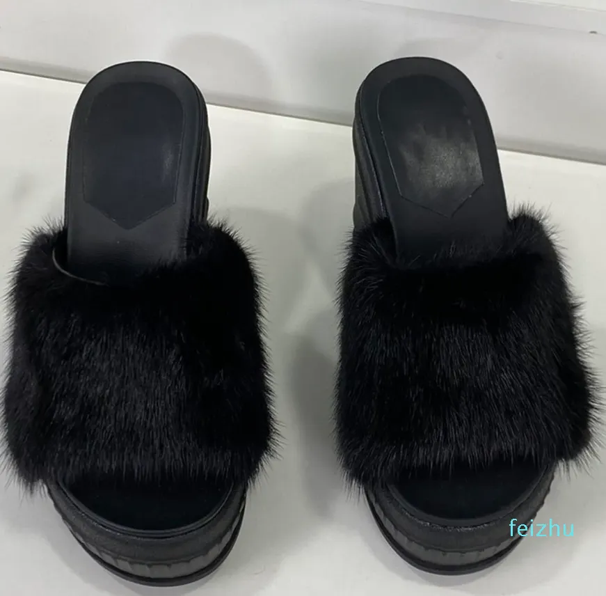 Mink Mule Slippers Slides Sandals heeled Wedges Platform Pumps heels 7cm Open-toe women's luxury designers Leather outsole Evening Casual shoes factory footwear