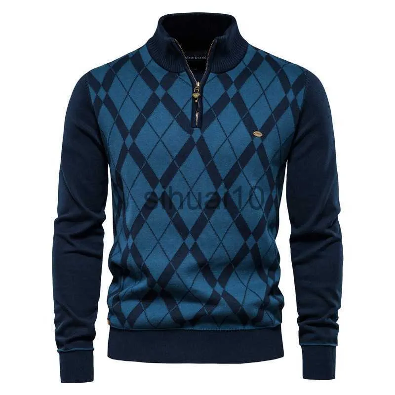 Men's Sweaters Men's New Sweater Half High Collar Zipper Plaid Long Sleeve Pullover British Fashion Casual Men's Sweater Men's Sweater Pullover J230808