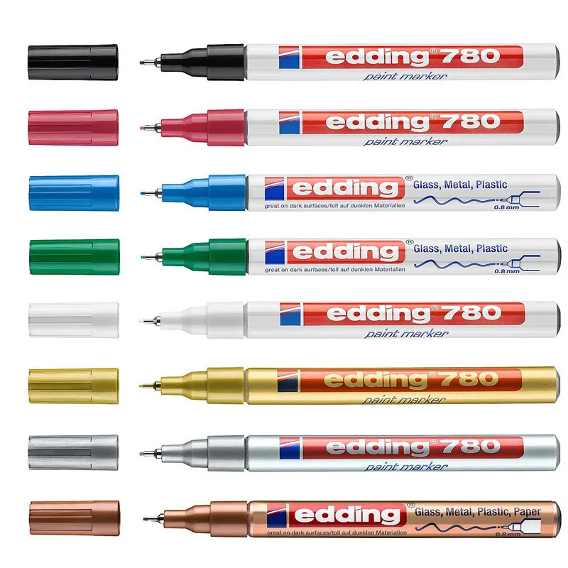 Malowanie długopisów 1pcs Edding 780 Markery farby 08 mm drobny punkt pióro oleju Rysowanie na cześć sztuki metalowej artykuły papiernicze 230807