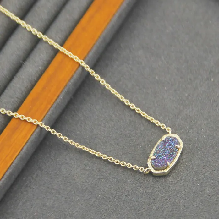 Ny Blue Purple Druse Pendant Halsband Halsband Verklig 18K Guldpläterad dinglar Glitter smycken brev gåva med gratis dammväska