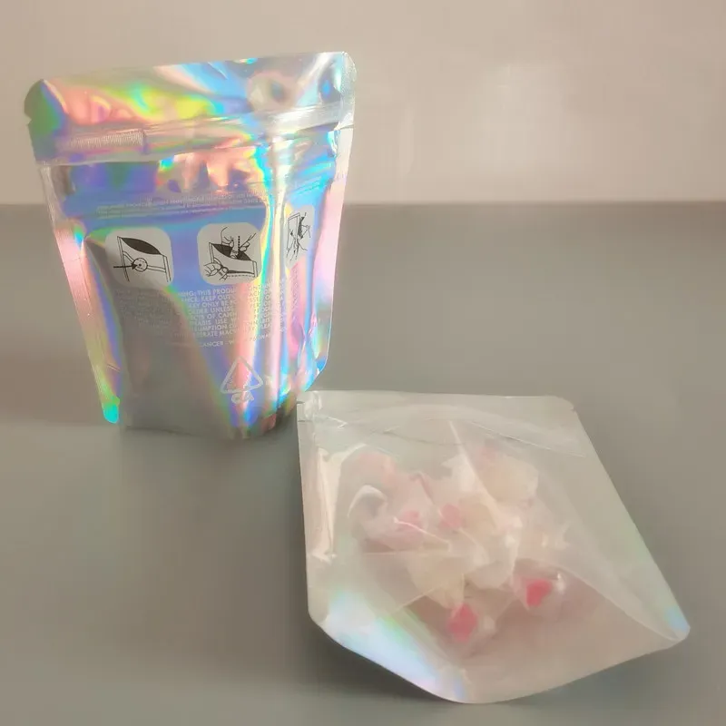 Resealable Plastic Retail Clear Childproof Packaging Bags Holographic transparent Pouch Smell Proof mylar Bag for Dry flowers package bag