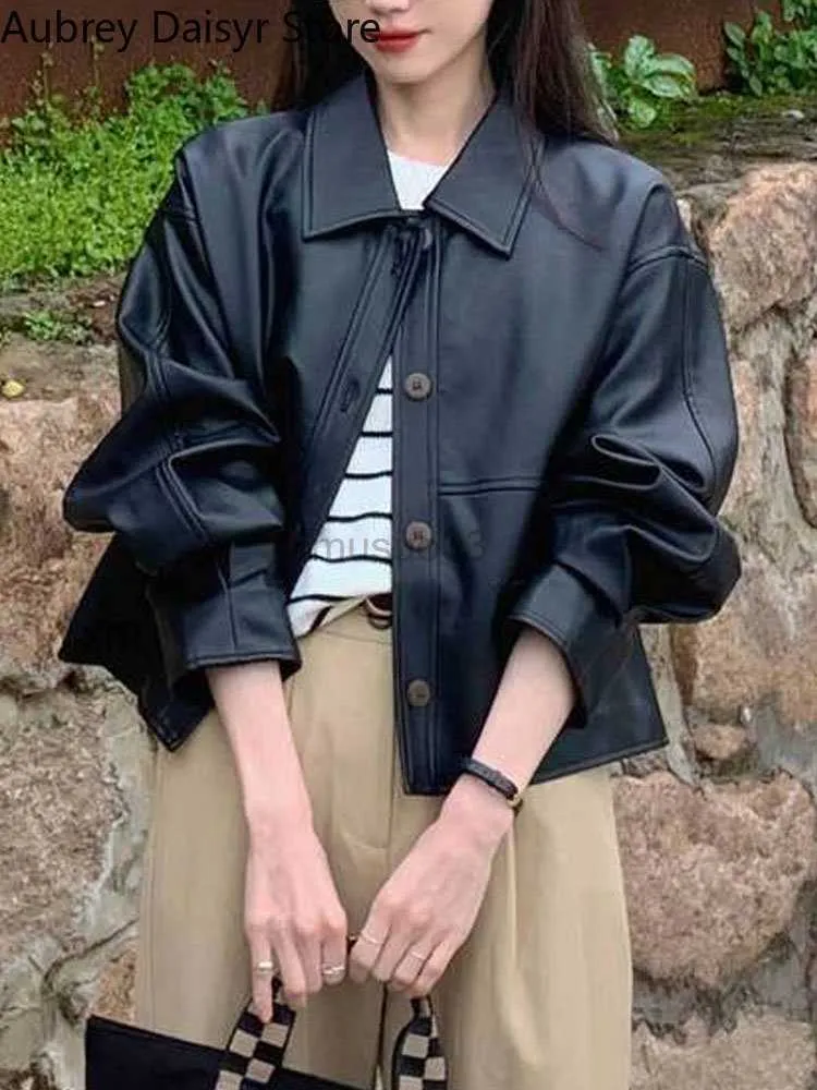 Kvinnor läder faux koreansk mode trend beskuren jacka kvinnor high street svart punk pu coat streetwear tunt vintage casual blazers hkd230808