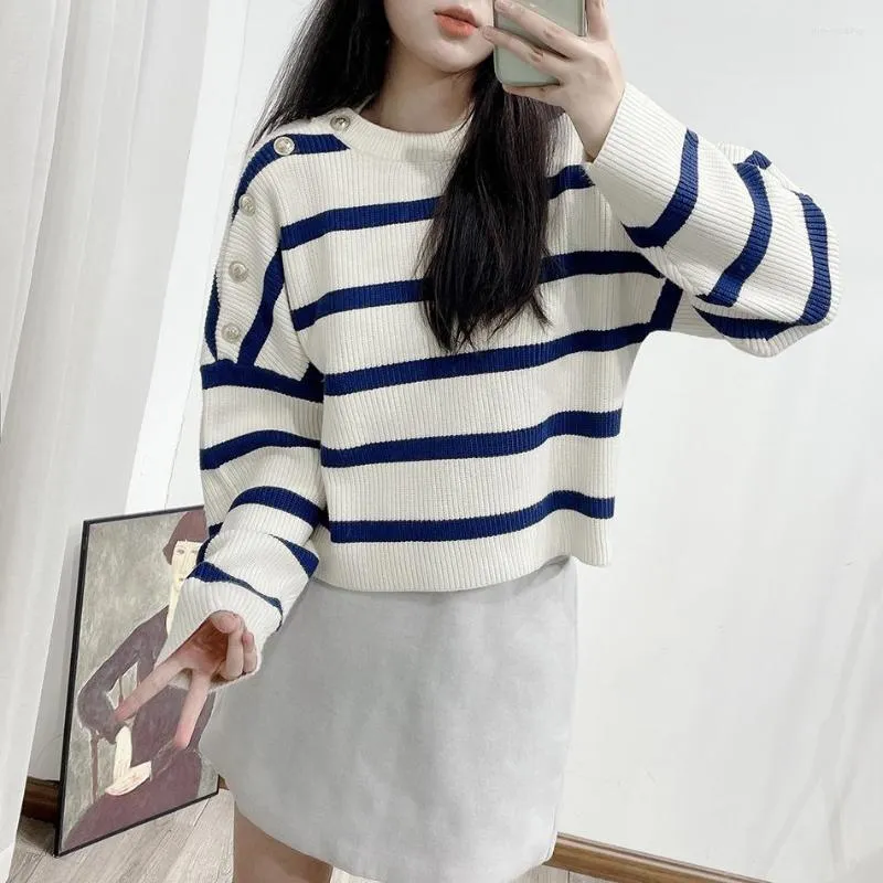 Women's Sweaters Autumn Striped Women Viscose Navy Style Pullover Thickened Loose Knitting Office Ladies High-end Metal Buckle Clothes
