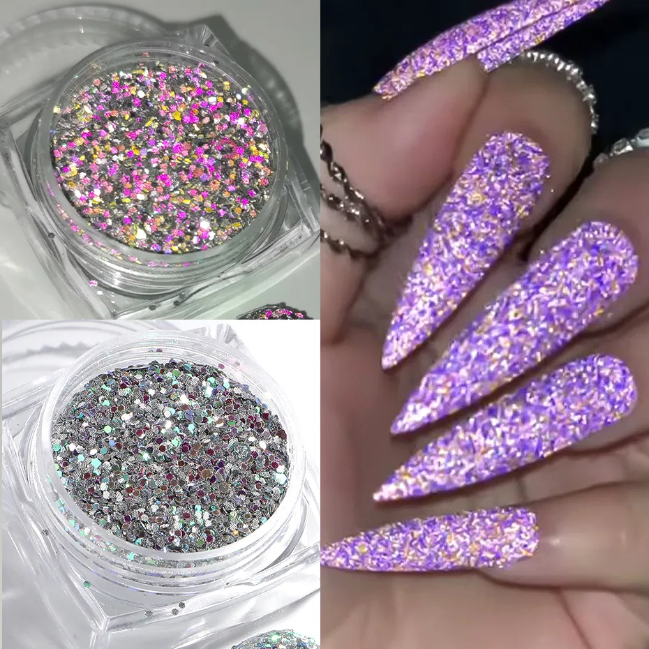 Nail Glitter 1Box Reflective Powder Sequin för naglar holografiska iriserande diamantkrompigment Flake Dust Manicure Accessories 230808