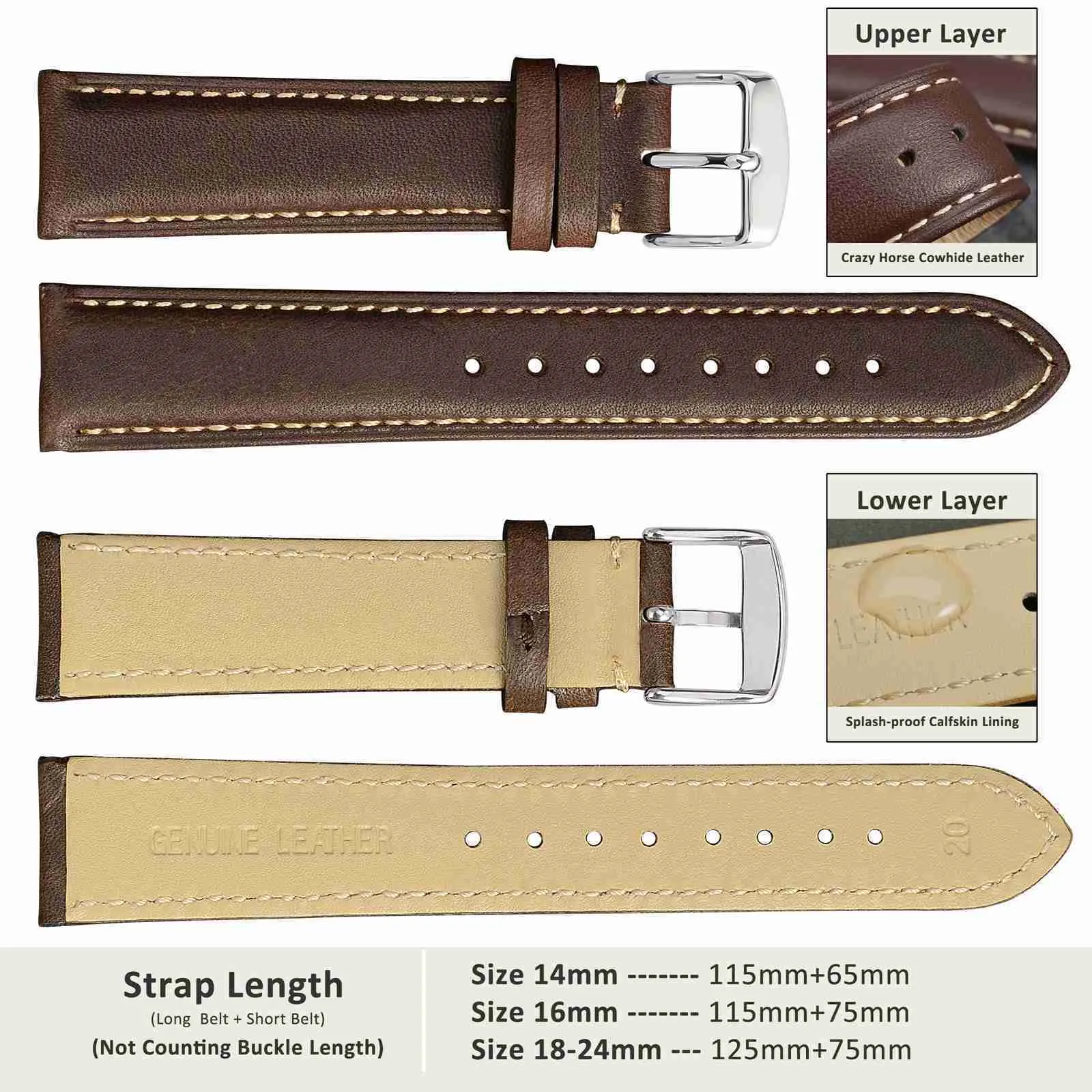 Bracelet De Montre En Cuir Véritable Peau De Veau – 20 Mm – Noir – Neuf