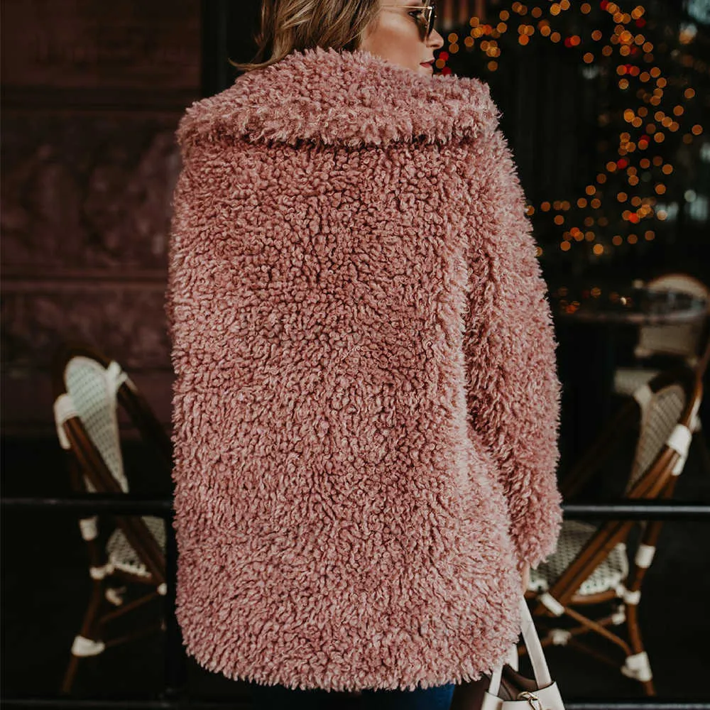 Women's Winter Faux Fur Bomber Jacket, Teddy Coat Trench Wool Pink  Overcoat, Long Sleeve Hooded Outwear T230808 - Main Image