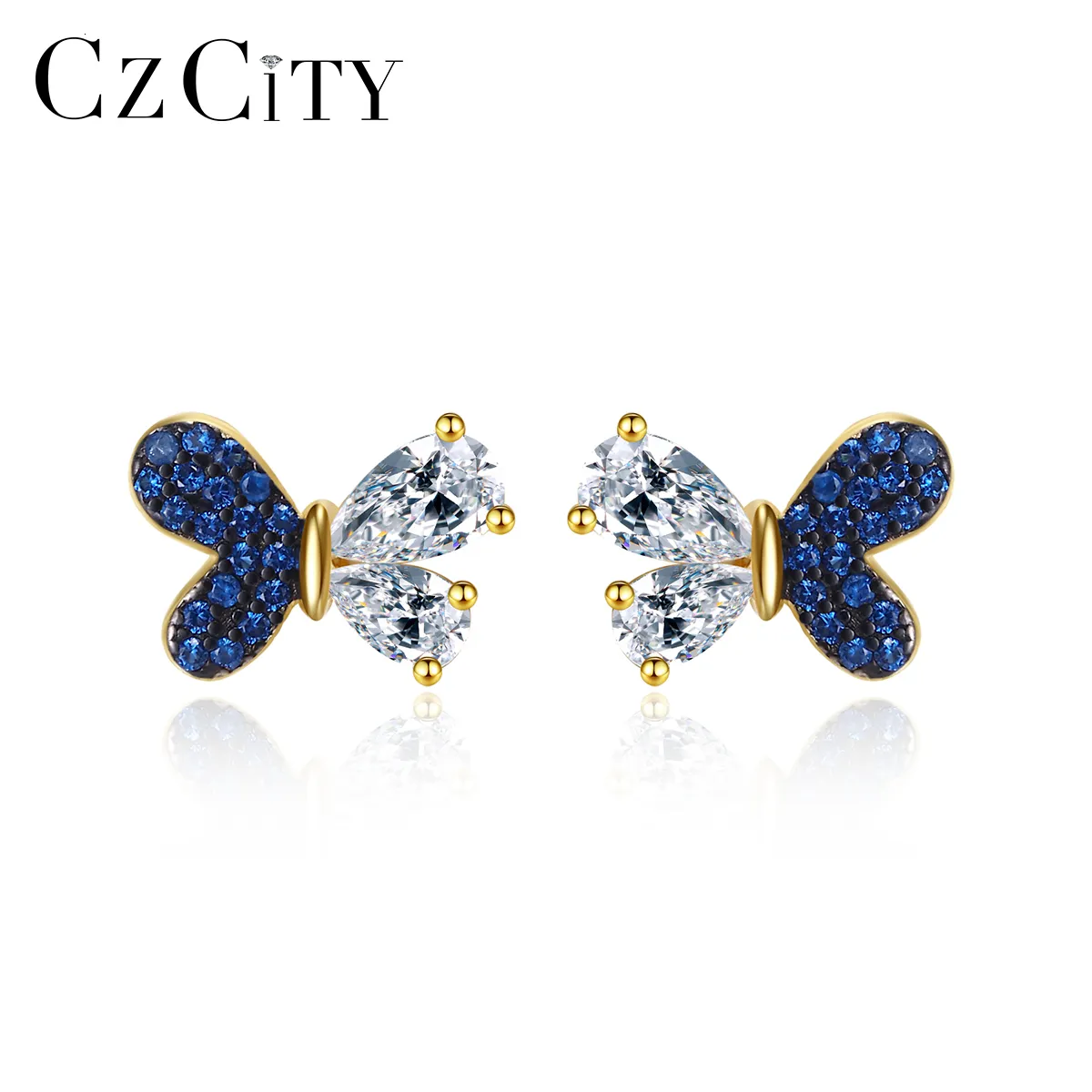 Stud CZCITY Sapphire Blue Cubic Zirconia 925 Sterling Silver Butterfly Oorbellen Verguld Ongebruikelijke Luxe Party Fine Jewelry 230807