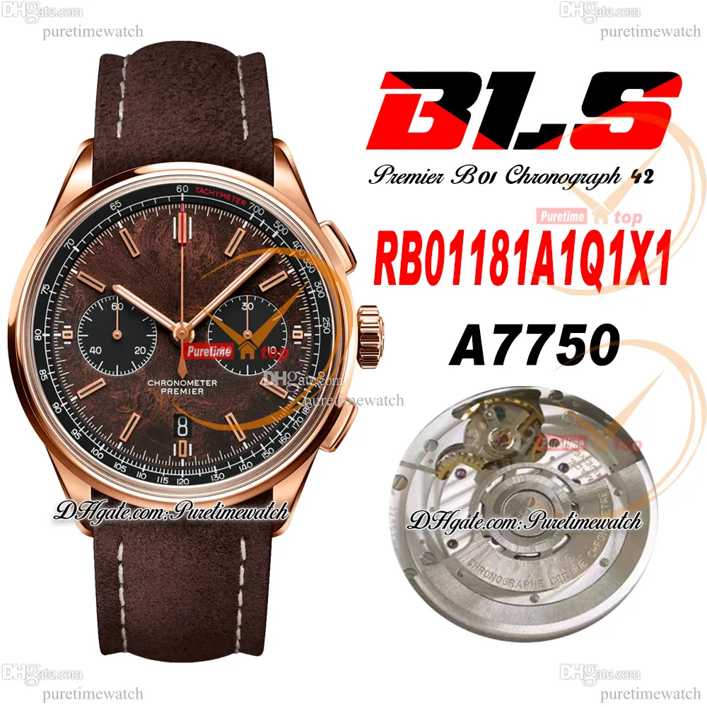 BLS V2 Premier B01 ETA A7750 Automatisk kronograf Mens Watch 42 Rose Gold Brown Dial Leather Centenary RB01181A1Q1X1 Super Edition Reloj Hombre Puretime J10