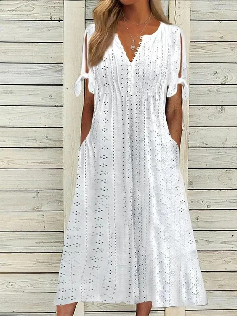 Vestidos de fiesta Vestido blanco de gran tamaño para mujer Verano Casual Elegante Una línea Delgado Largo plisado Liso Patchwork Encaje Hasta cuello en V