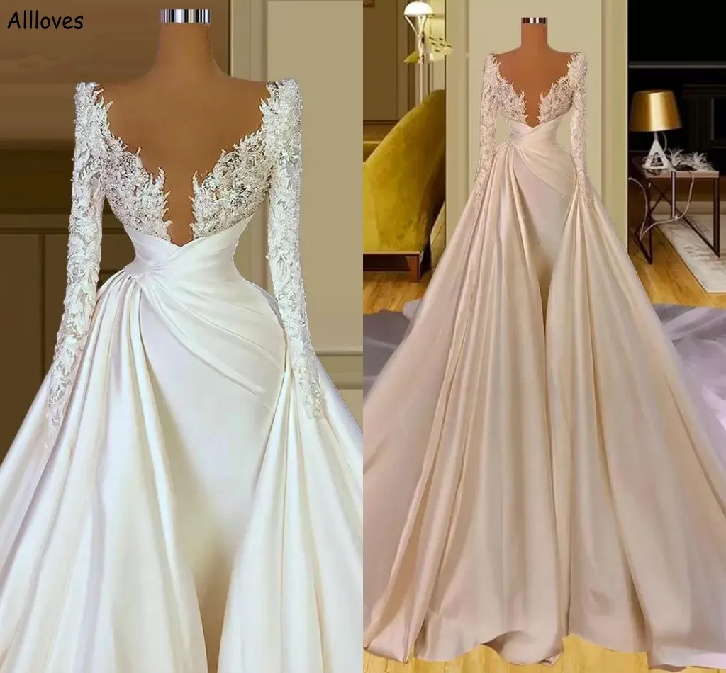 Arabe Aso Ebi Sirène Robes De Mariée Avec Manches Longues Overskirts Élégant Ivoire Satin Dentelle Appliqued Formelle Robes De Mariée Sexy Col En V Profond Robes De Mariage CL2682