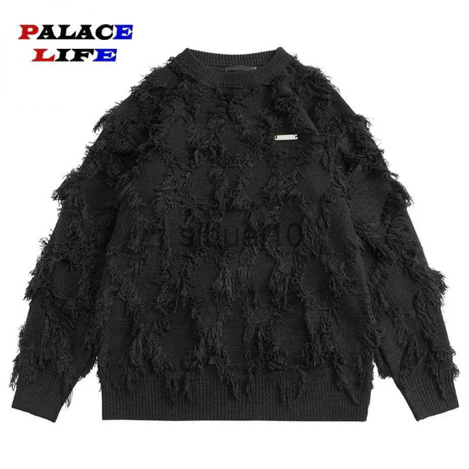 Men's Sweaters Solid color Knitted Sweaters Men Women Autumn Winter Loose Jumpers Y2K Hip Hop Streetwear Casual Distressed Tassel Pullover J230808