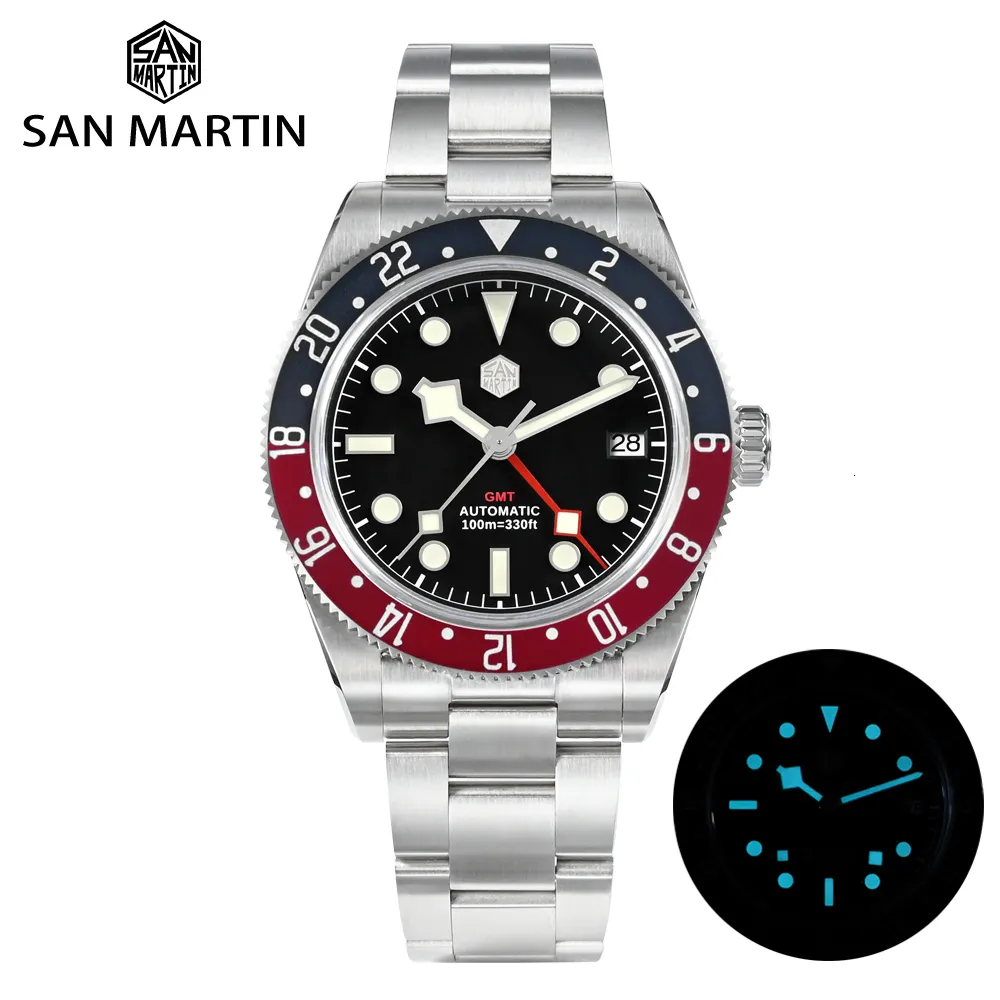 Armbanduhren San Martin NH34 GMT Herren Luxusuhr Bidirektionale Aluminiumlünette Automatische mechanische Saphir 100M Wasserdicht Datum 230807