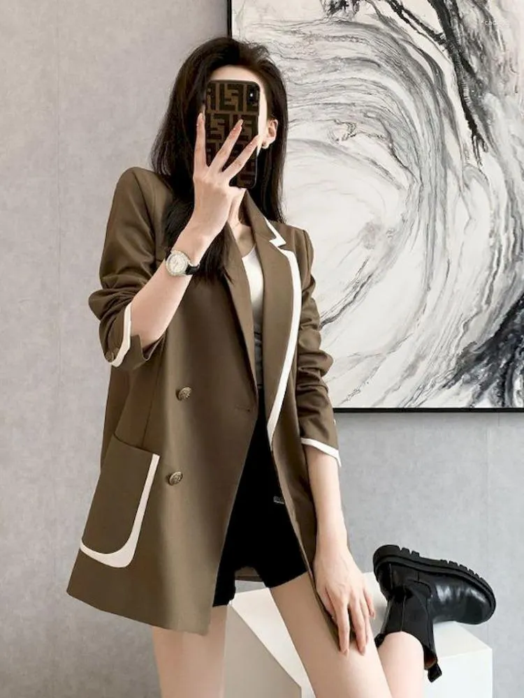 Kvinnors kostymer Unxx Spring Women Blazer 2023 Autumn Ladies Suit Coat Overized Long Sleeve Black Tops Double Breasted Overcoat Femme