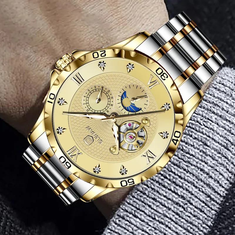 Armbanduhren GLENAW Automatikuhren Wasserdichter Edelstahl Leuchtende Monatsphase Datumsuhr für Männer Luxusmarke Armbanduhr Mechanisch 230807