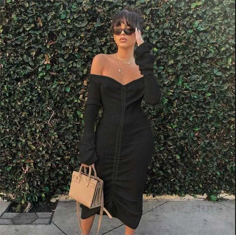 Imcute Front Drawstring Sexy Bandage Women Maxi Dress Slash Neck Long Flare Sleeve Club Party Autunno Inverno Off Shoulder Dress T230808