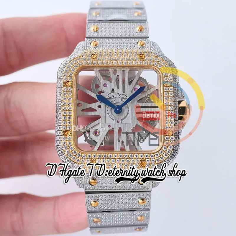 SF TWF0007 Швейцарская Ronda 4S20 кварцевые мужские мужские часы полностью заморожены бриллиантами желтого золота римские маркеры скелетон Dial Стальной бриллиантовый браслет 2023 Super Edition Watches
