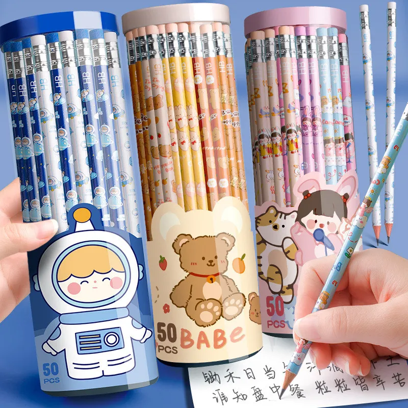 Pencils 3050Barrel Wooden HB Pencil With Eraser Cute Sketch Drawing Pencil Student Writing Stationery Office Supplies Children's Gift 230807