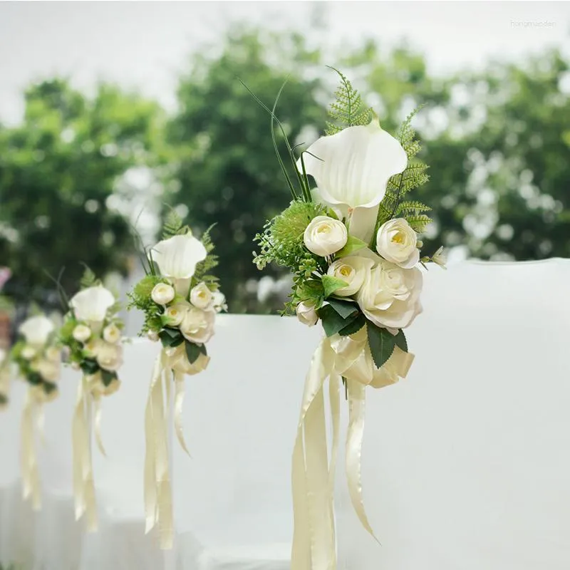 Dekorativa blommor stol konstgjorda calla lily peony bukett slips säte knutskydd för elkyrka bil utomhus bröllop dekoration leveranser