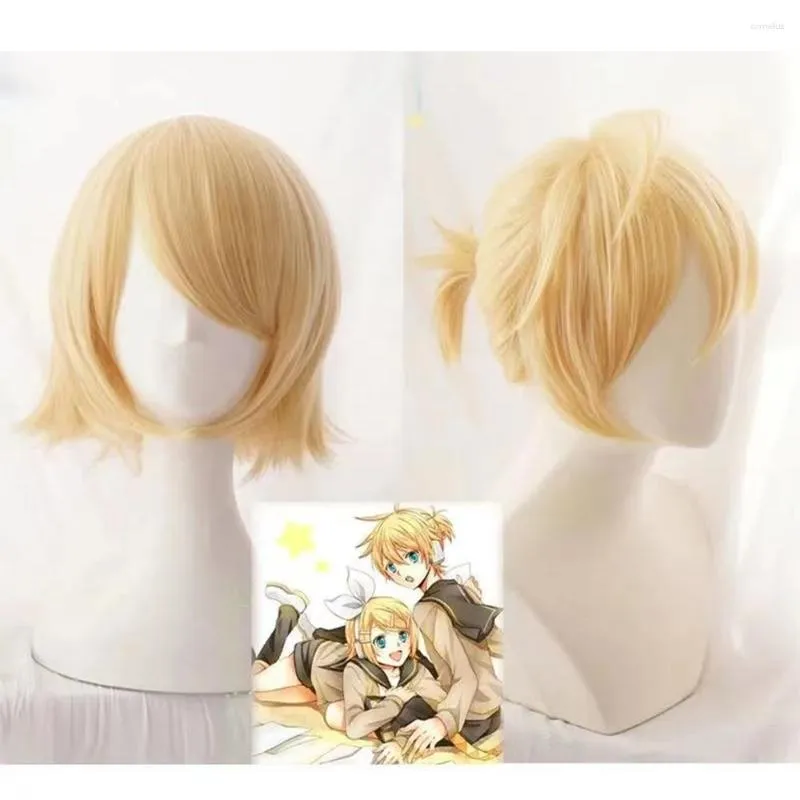 Anime kostymer rin / len kort blond värmebeständig hår cosplay peruk värmebeständig syntetisk halloween fest