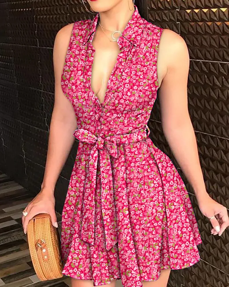 Urban Sexy Dresses Tied Detail Shirt Dress Women Pink Ditsy Floral Print Sleeveless High Waist Swing Dress Summer Vestidos Party Dresses Sexy 230807