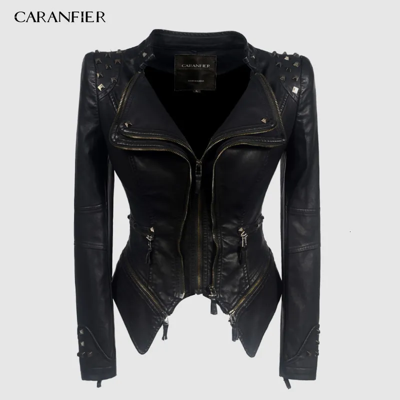 Jaquetas Femininas CARANFIER Jaqueta Feminina Couro Falso PU Inverno Outono Preto Motocicleta Outerwear Casaco de Couro Gótico Chaqueta 230808