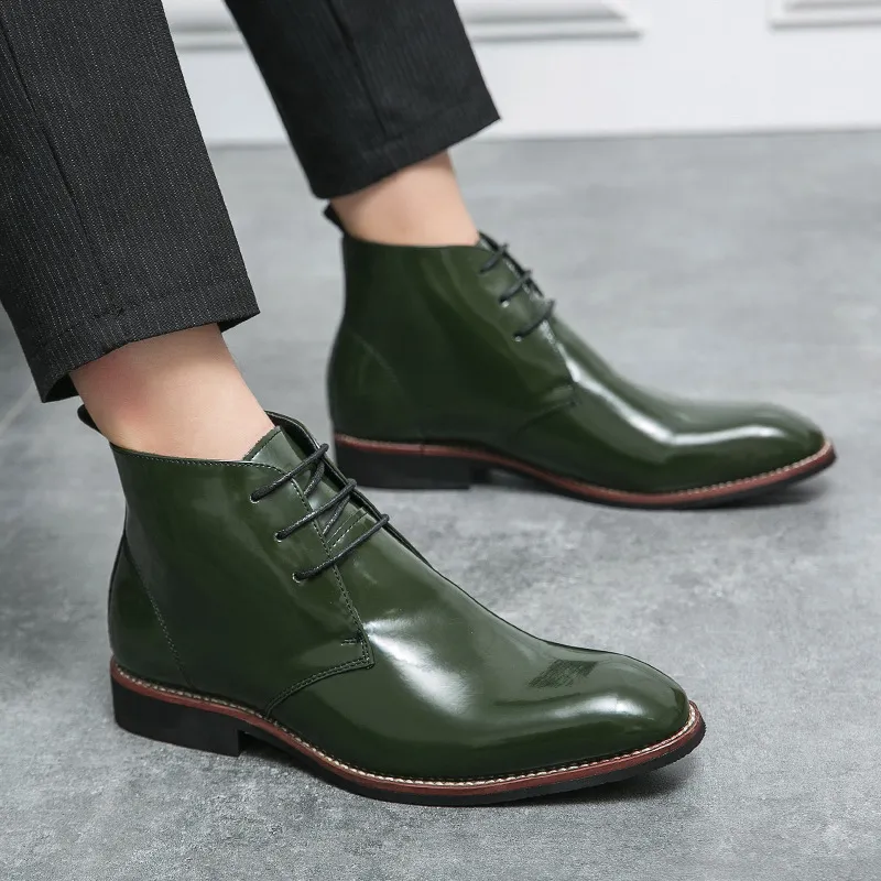 Classic Green High-top Men's Dress Shoes Size 38-48 Ponited Formal Shoes Men Lace-up Leather Boots for Men zapatos hombre vestir