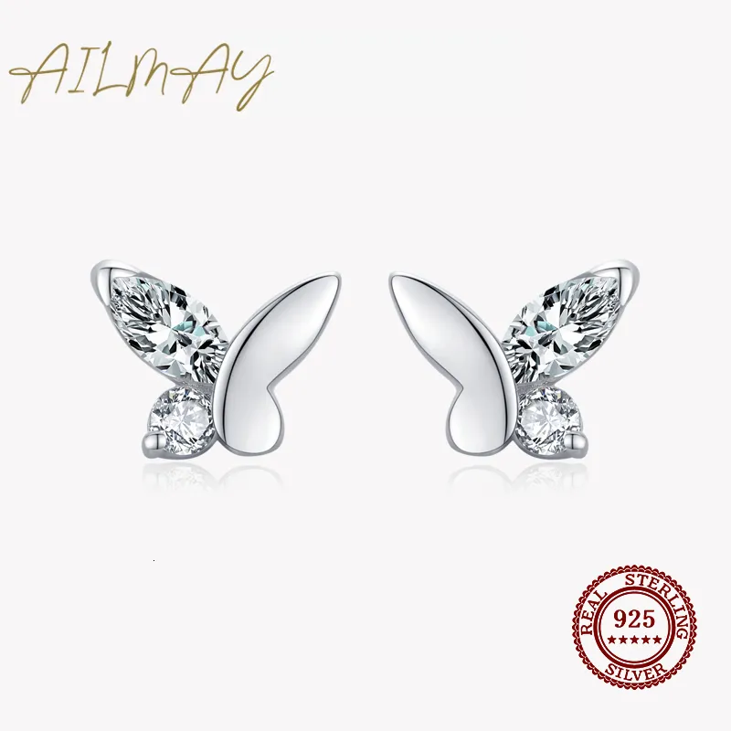 Stud Ailmay Real 925 Sterling Silver Cute Butterfly Kolczyki Wykwintna gwiazda w stosie dla kobiet biżuteria mody VA 230807