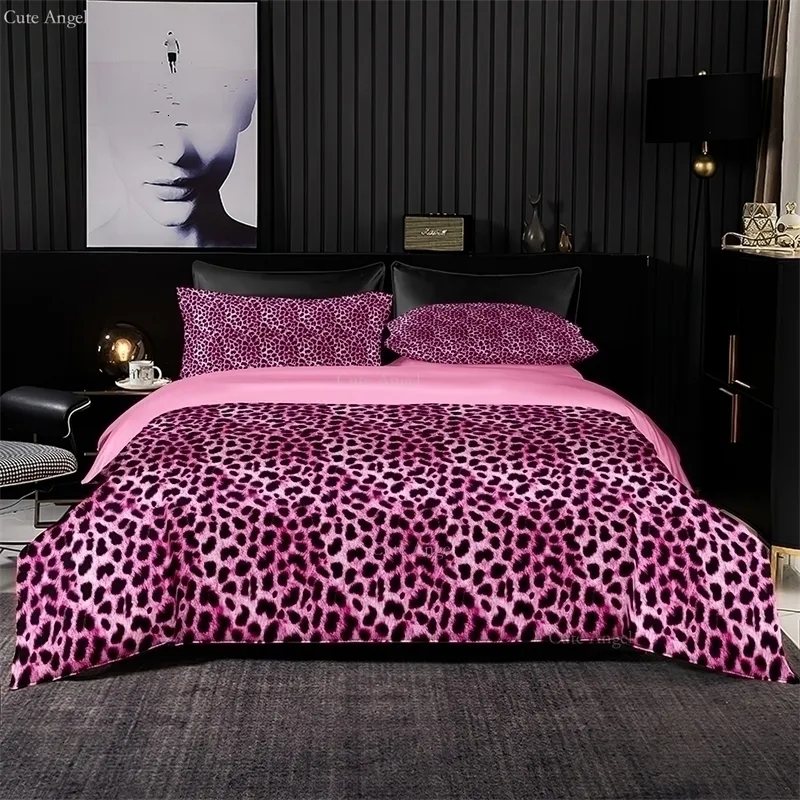 Conjuntos de cama capa de edredom de imitação de cetim 220x240 estampa de leopardo rosa quilt padrão twinqueenking size sem fronha 230807