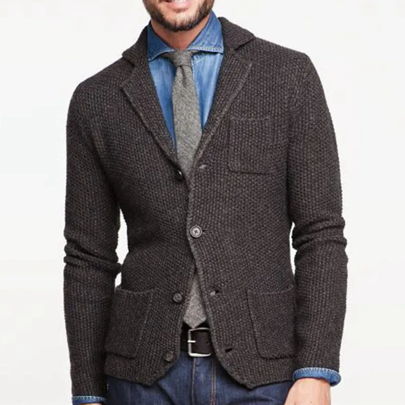 Suéteres para hombre, abrigo de punto con cuello levantado para hombre, suéter de manga larga, chaqueta tipo cárdigan, Color sólido, grueso, cálido, informal, marrón, 230807