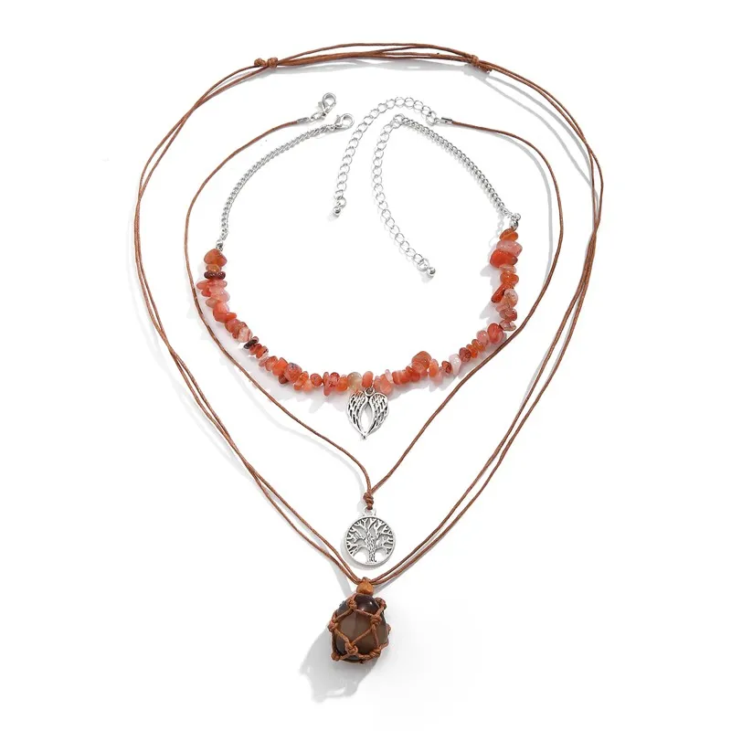 Chaîne de corde en couches avec collier pendentif arbre/pierre pour femmes perles de pierre à la mode tour de cou sur le cou 2023 accessoires de bijoux de mode