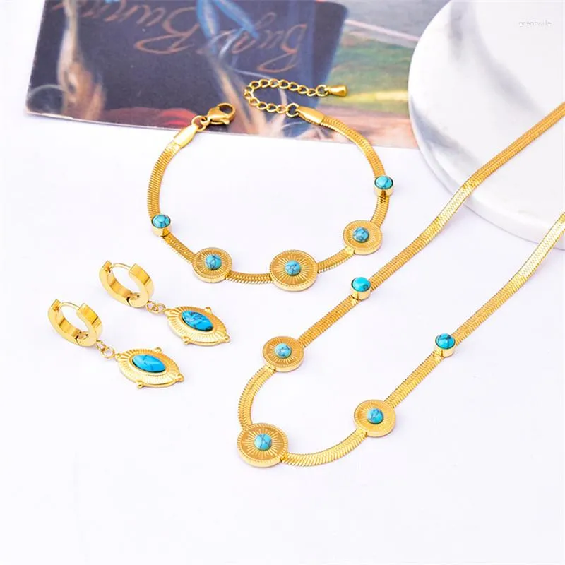 Necklace Earrings Set 316L Stainless Steel Turquoise Round Brand Snake Bone Chain Design Simple Bracelet Jewelry