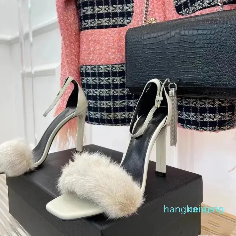 디자이너 -10cm 여성 샌들 슬림 하이힐 공식 신발 패션 샌들 밍크 가죽 밑창 하이힐 신발 여성용