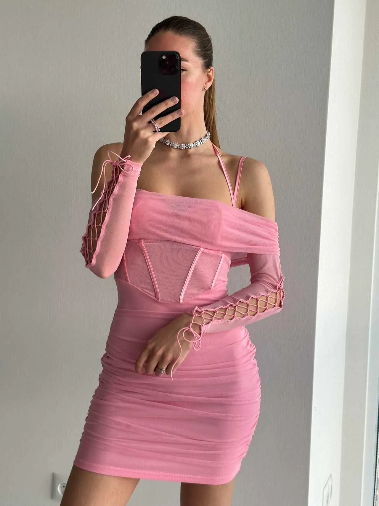 engagement long sleeve dresses Zapaka Women White Boho Long Sleeves Engagement Party Dress with Lace V-Neck Maxi Dress, White / M