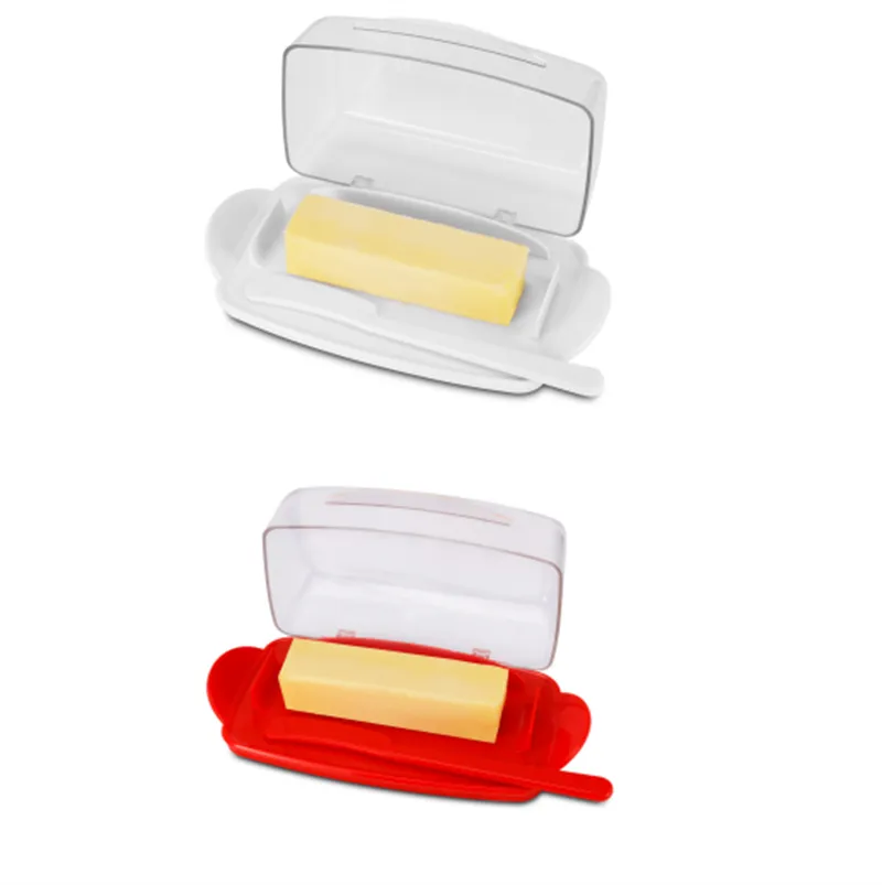 Beurrier avec couvercle de comptoir, récipient à beurre en plastique durable avec couteau à tartiner, jolie poignée et couvercle rabattable pour un accès facile, antidérapant, deux pièces-4