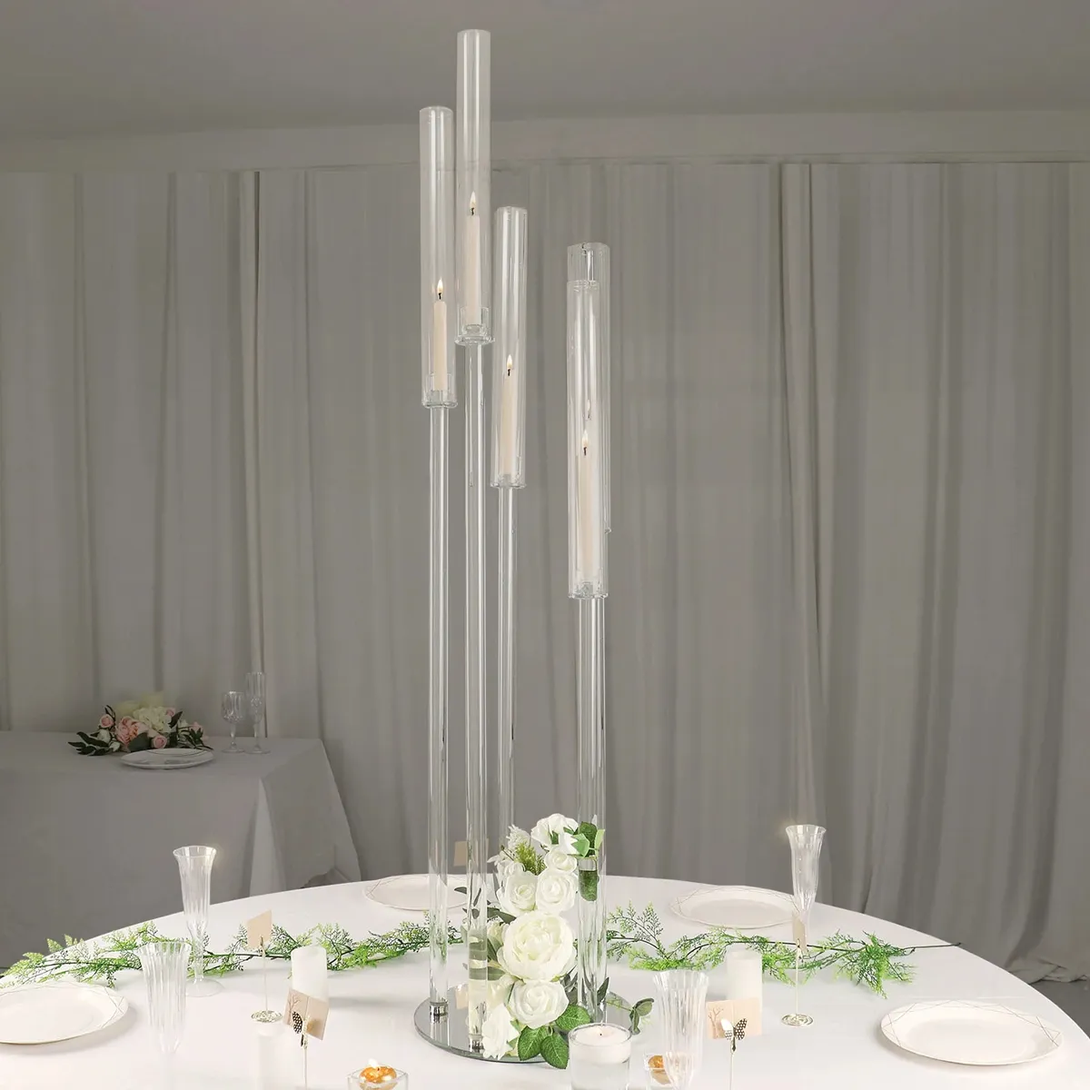 kan alleen led-kaars gebruiken) Duidelijke 5-armige / 6 koppen 8 koppen Crystal Round Cluster Taper Candelabra Candle Holders, Votive Pillar LED Candle Holders Ronde acryl kandelaar