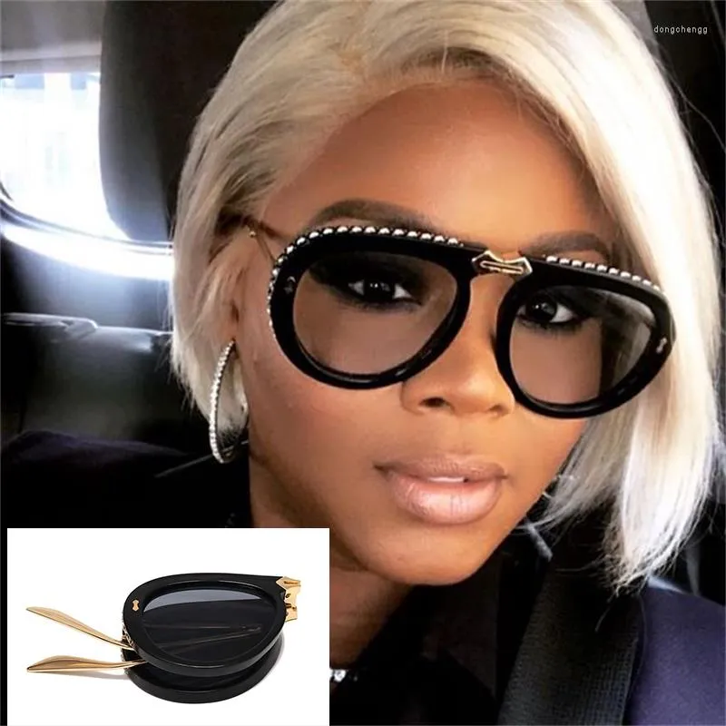 Óculos de sol com strass Piloto dobrável Moda feminina Óculos de grife Retro Sexy Lunette grande