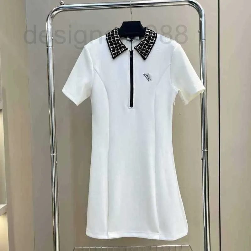 Abiti casual di base designer Estate New Celebrity Style Temperamento Età ridotta Risvolto con borchie Perline Diamante ad acqua Cerniera Polo Abito a maniche corte OK2H