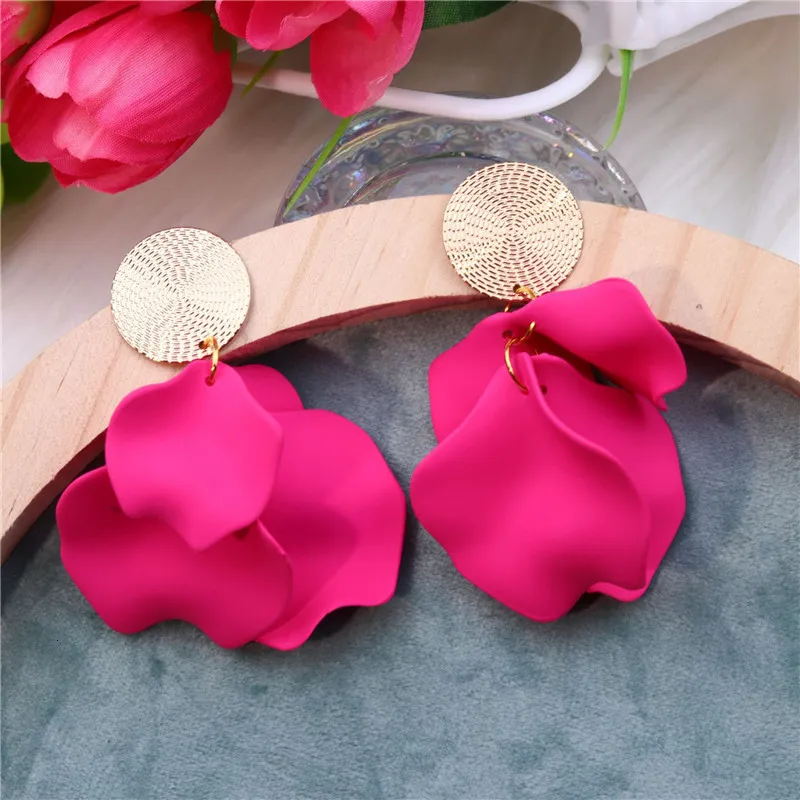 Dangle Chandelier Korean Flower Drop Earrings for Women Rose Pink Color Vintage Petal Long Hanging Earrings Monther Gifts Accessories 230808