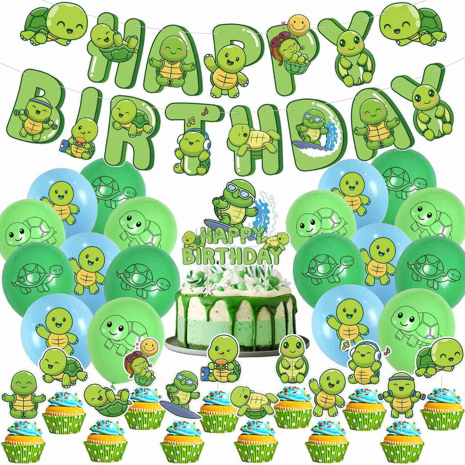 Original small turtle birthday party decor anime cartoon animal banner balloon cake insert kids birthday party supplies gift HKD230808