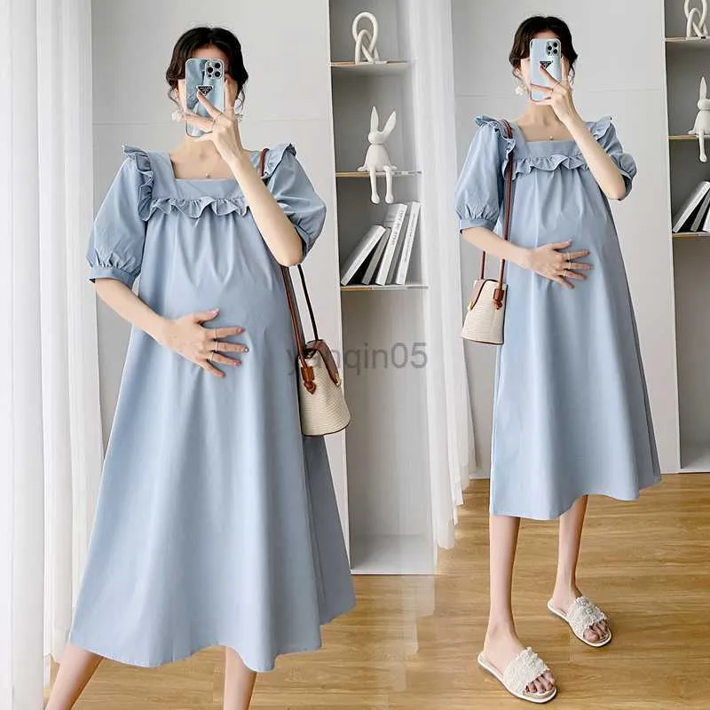 Moderskapsklänningar 6016# Summer Vintage Cotton Maternity Long Dress Overize Lose Straight Clothes For Pregnant Women Ruffle O Neck Pregnenidity HKD230808