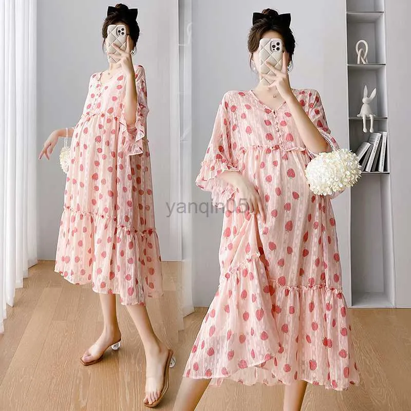 Robes de maternité 2307 # été nouvelle arrivée mode imprimé floral en mousseline de soie robe de maternité doux vêtements amples pour les femmes enceintes grossesse allaitement HKD230808