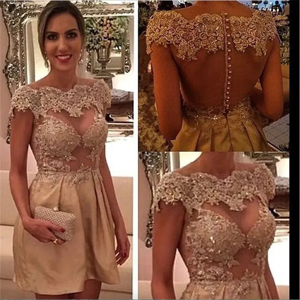 Se genom Gold Homecoming Applique Tulle Tail Dress Illusion Button Lace Graduation Short Prom Dresses Robe de Soiree