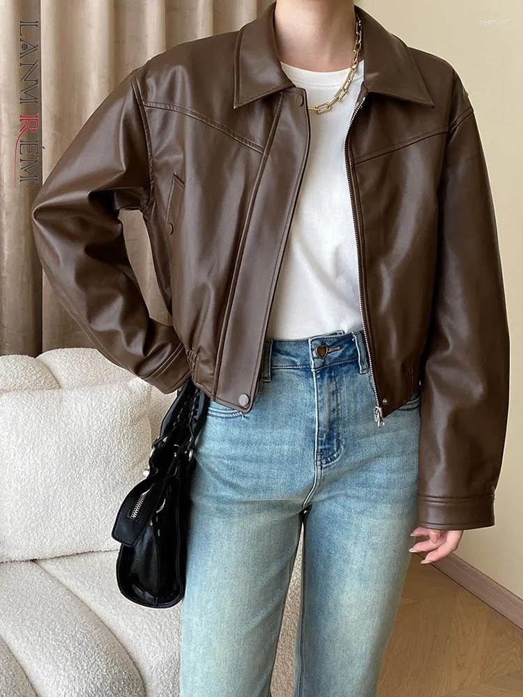 Women's Leather LANMREM Women Short Coat Fashion Lapel Zipper Long Sleeves Clothing Streetwear Versatile 2023 Autumn 21333