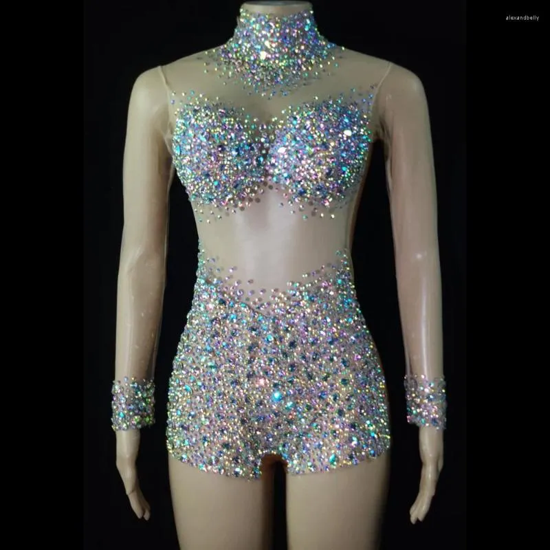 Bühnenkleidung Luxuriöses AB-Strass-Trikot, sexy durchsichtiges Kristall-Tanzkostüm für Damen, Nachtclub, Party, Geburtstag, Outfit, Show