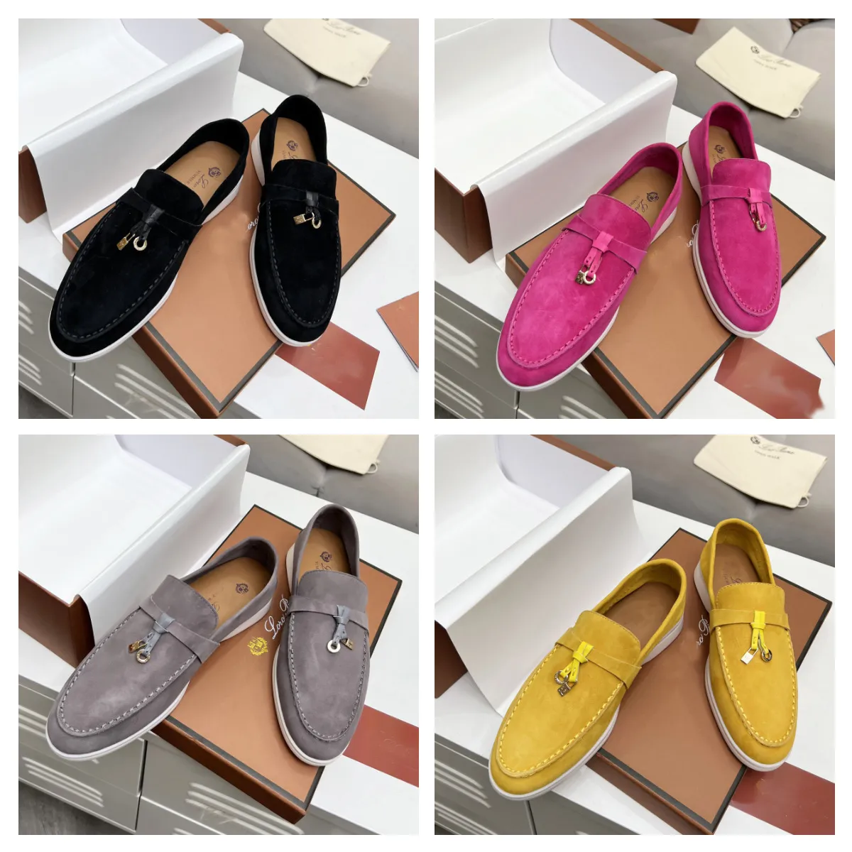 LP Loafers Men Women Designer shoe embellished suede loafers Flat Low Top Suede Cow Leather Oxfords Casual Shoes Metal Buckle Comfortable dress shoe 35-46 with box