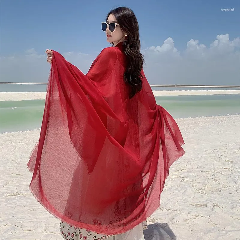 2023 Womens Cotton Linen Scarf With Red Tassel Sun Protection