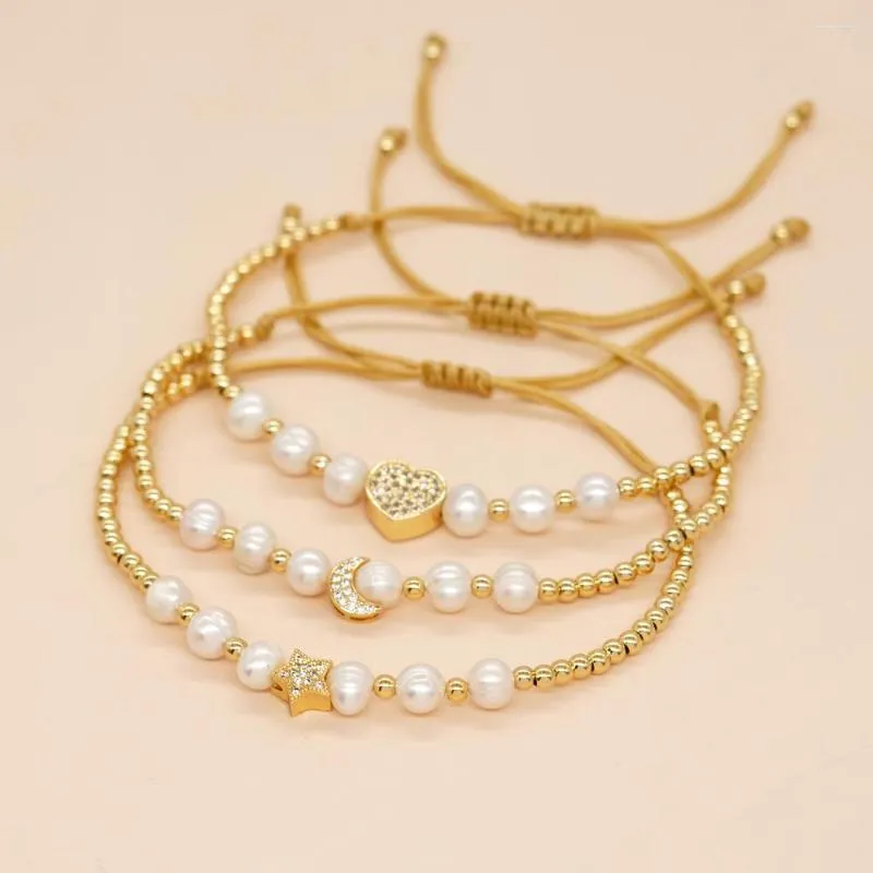 Strand Natural Pearl Amizade Bracelets com Gold Bated Beads Gifts for Women and Teen Girls requintadas jóias