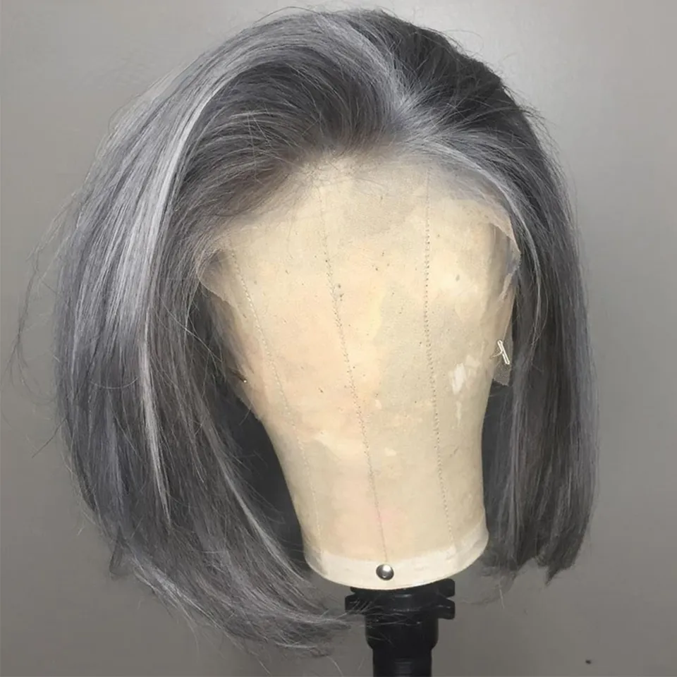Grey Bob Wig Lace Front Human Hair Wigs With Baby Hair 13x3 Short Straight Pxie Cut Wig Synthetic Hair Mixed Transparent Lace Wigs