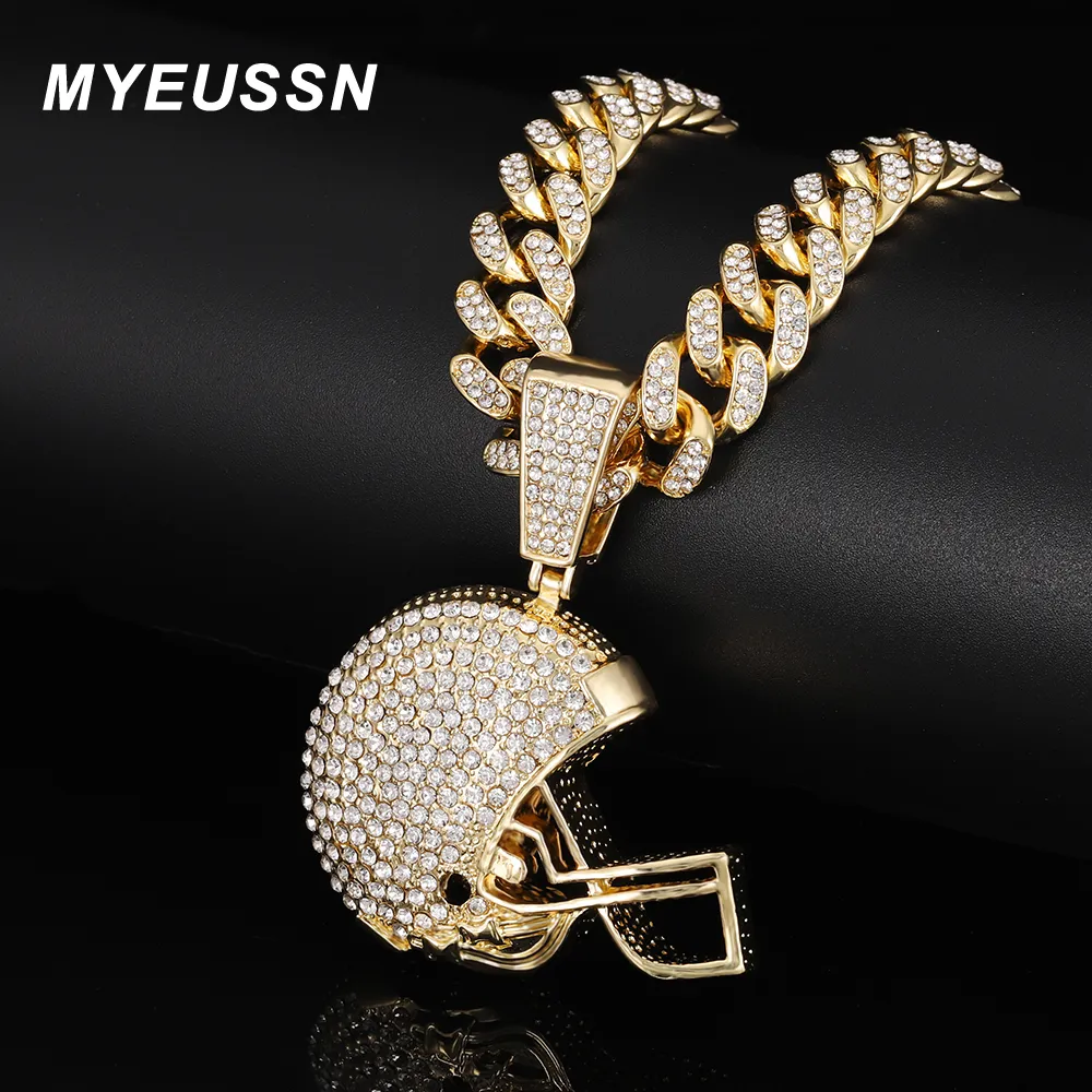 Pendant Necklaces Hip Hop Iced Out Bling Rugby Football Helmet Pendants Necklace For Men 13MM Cuban Link Chain Necklaces Women Jewelry Gift 230807